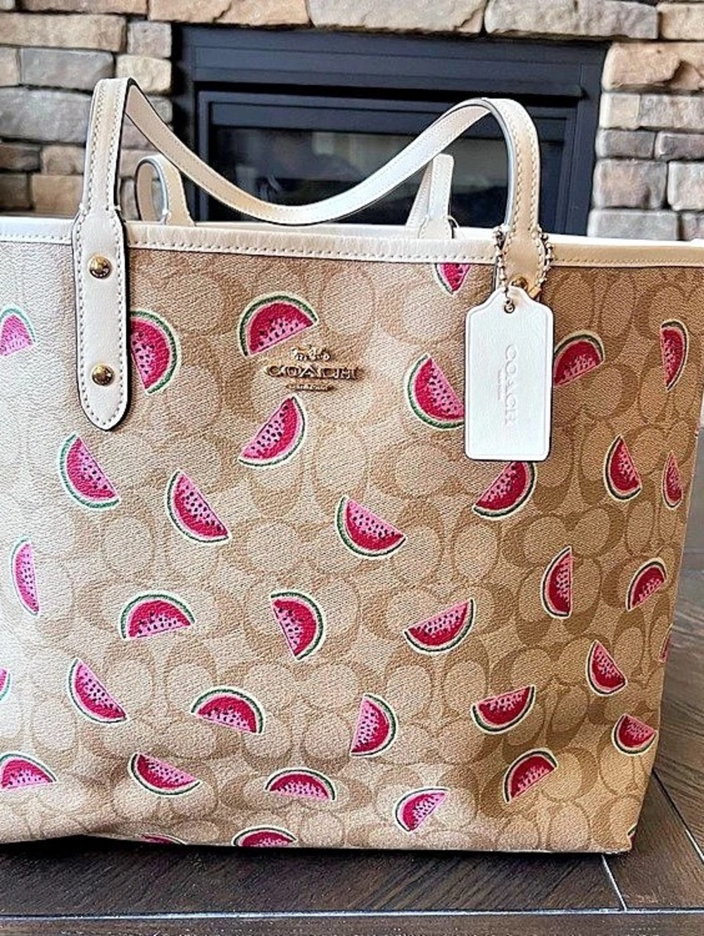 Coach City Tote in Signature Canvas with Watermelon Print Brown & Pink (new but